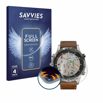 Face avant d’un emballage produit avec le logo de la marque Savvies. À côté, l’appareil Garmin Marq Adventurer est représenté 