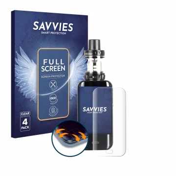 Face avant d’un emballage produit avec le logo de la marque Savvies. À côté, l’appareil Vaporesso Luxe est représenté avec la 