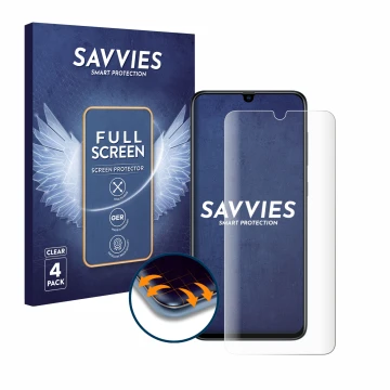 Face avant d’un emballage produit avec le logo de la marque Savvies. À côté, l’appareil Samsung Galaxy A70 est représenté avec
