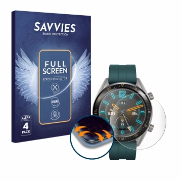 Face avant d’un emballage produit avec le logo de la marque Savvies. À côté, l’appareil Huawei Watch GT Active est représenté 
