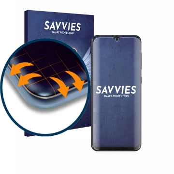 Face avant d’un emballage produit avec le logo de la marque Savvies. À côté, l’appareil Samsung Galaxy A20 est représenté avec