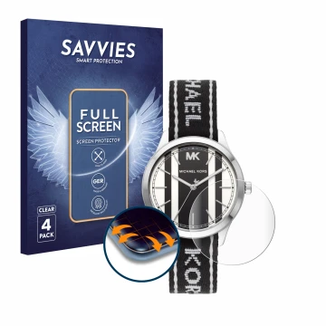 Face avant d’un emballage produit avec le logo de la marque Savvies. À côté, l’appareil Michael Kors Runway MK2795 (38 mm) est