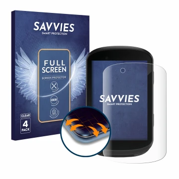 Face avant d’un emballage produit avec le logo de la marque Savvies. À côté, l’appareil Garmin Edge 830 est représenté avec la