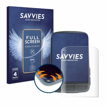 Face avant d’un emballage produit avec le logo de la marque Savvies. À côté, l’appareil Wahoo Elemnt Roam est représenté avec 