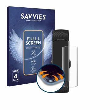 Face avant d’un emballage produit avec le logo de la marque Savvies. À côté, l’appareil Honor Band 5 est représenté avec la pr
