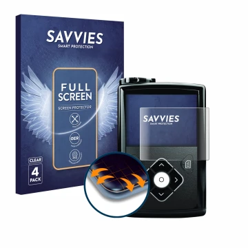 Face avant d’un emballage produit avec le logo de la marque Savvies. À côté, l’appareil Medtronic Minimed 640G est représenté 