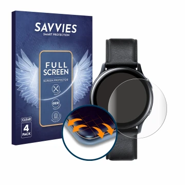 Face avant d’un emballage produit avec le logo de la marque Savvies. À côté, l’appareil Samsung Galaxy Watch Active 2 (44mm) e