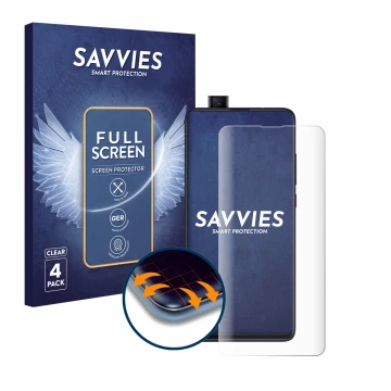 Face avant d’un emballage produit avec le logo de la marque Savvies. À côté, l’appareil Xiaomi Mi 9T Pro est représenté avec l