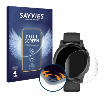 Face avant d’un emballage produit avec le logo de la marque Savvies. À côté, l’appareil Garmin vivoactive 4 (45 mm) est représ