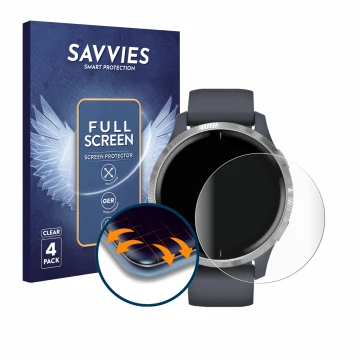 Face avant d’un emballage produit avec le logo de la marque Savvies. À côté, l’appareil Garmin Venu (43 mm) est représenté ave