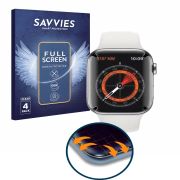 Face avant d’un emballage produit avec le logo de la marque Savvies. À côté, l’appareil Apple Watch Series 5 (44 mm) est repré