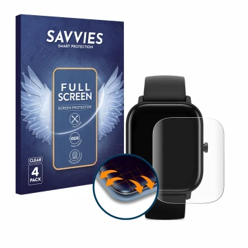 Face avant d’un emballage produit avec le logo de la marque Savvies. À côté, l’appareil Huami Amazfit GTS est représenté avec 