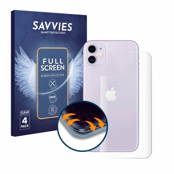 Face avant d’un emballage produit avec le logo de la marque Savvies. À côté, l’appareil Apple iPhone 11 (Arrière) est représen