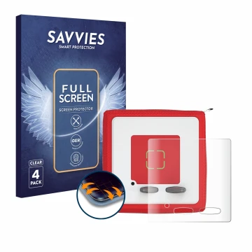 Face avant d’un emballage produit avec le logo de la marque Savvies. À côté, l’appareil Tonies Toniebox est représenté avec la