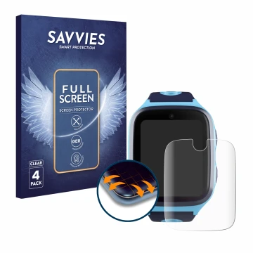 Face avant d’un emballage produit avec le logo de la marque Savvies. À côté, l’appareil Xplora X4 est représenté avec la prote