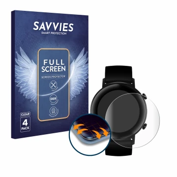 Face avant d’un emballage produit avec le logo de la marque Savvies. À côté, l’appareil Huawei Watch GT 2 (42 mm) est représen