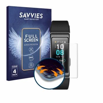 Face avant d’un emballage produit avec le logo de la marque Savvies. À côté, l’appareil Huawei Band 4 Pro est représenté avec 