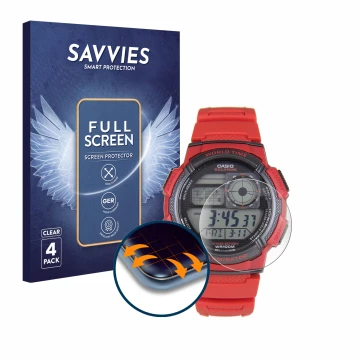 Face avant d’un emballage produit avec le logo de la marque Savvies. À côté, l’appareil Casio AE-1000W est représenté avec la 