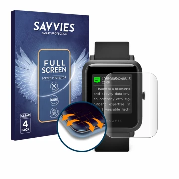 Face avant d’un emballage produit avec le logo de la marque Savvies. À côté, l’appareil Huami Amazfit Bip S est représenté ave