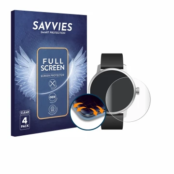 Face avant d’un emballage produit avec le logo de la marque Savvies. À côté, l’appareil Withings ScanWatch (42 mm) est représe