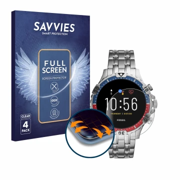 Face avant d’un emballage produit avec le logo de la marque Savvies. À côté, l’appareil Fossil Garrett HR (5. Gen) est représe