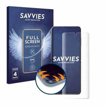 Face avant d’un emballage produit avec le logo de la marque Savvies. À côté, l’appareil Samsung Galaxy Z Flip est représenté a