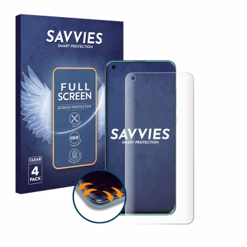 Face avant d’un emballage produit avec le logo de la marque Savvies. À côté, l’appareil Xiaomi Mi 10 est représenté avec la pr