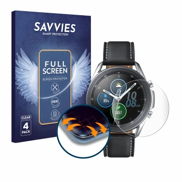 Face avant d’un emballage produit avec le logo de la marque Savvies. À côté, l’appareil Samsung Galaxy Watch 3 (41mm) est repr