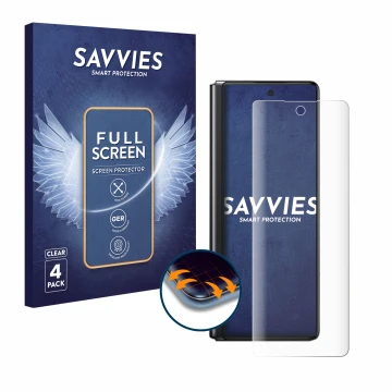 Face avant d’un emballage produit avec le logo de la marque Savvies. À côté, l’appareil Samsung Galaxy Z Fold 2 5G est représe