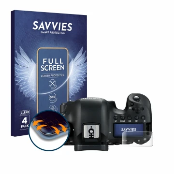 Face avant d’un emballage produit avec le logo de la marque Savvies. À côté, l’appareil Canon EOS 6D Mark II (affichage des ép