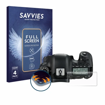 Face avant d’un emballage produit avec le logo de la marque Savvies. À côté, l’appareil Canon EOS 6D (affichage des épaules) e
