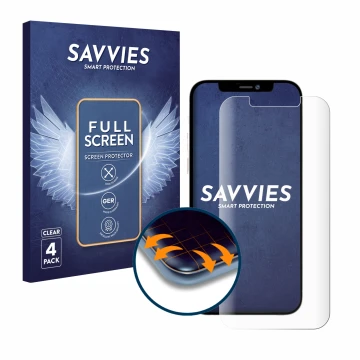 Face avant d’un emballage produit avec le logo de la marque Savvies. À côté, l’appareil Apple iPhone 12 Pro Max est représenté