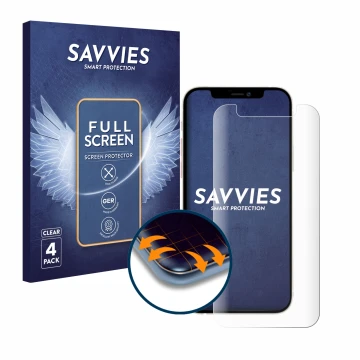Face avant d’un emballage produit avec le logo de la marque Savvies. À côté, l’appareil Apple iPhone 12 mini est représenté av