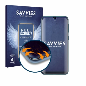 Face avant d’un emballage produit avec le logo de la marque Savvies. À côté, l’appareil Samsung Galaxy M21 est représenté avec