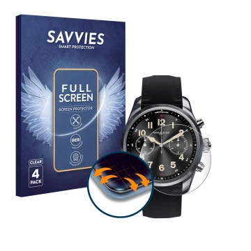 Face avant d’un emballage produit avec le logo de la marque Savvies. À côté, l’appareil Montblanc Summit 2 Plus est représenté