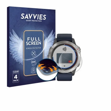 Face avant d’un emballage produit avec le logo de la marque Savvies. À côté, l’appareil Garmin quatix 6 est représenté avec la