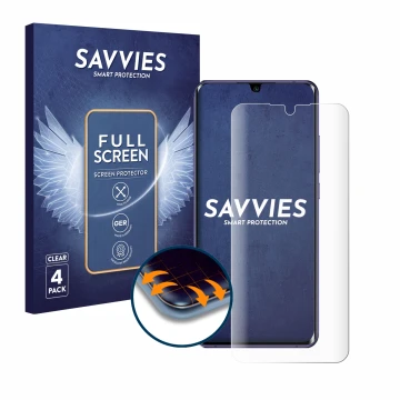 Face avant d’un emballage produit avec le logo de la marque Savvies. À côté, l’appareil Xiaomi Mi Note 10 Lite est représenté 