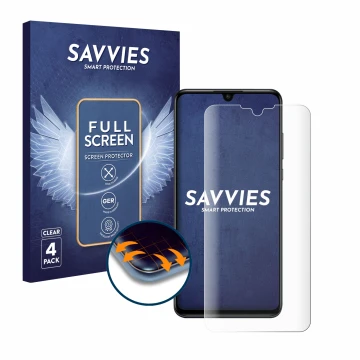 Face avant d’un emballage produit avec le logo de la marque Savvies. À côté, l’appareil Huawei P30 lite New Edition est représ