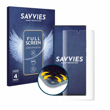 Face avant d’un emballage produit avec le logo de la marque Savvies. À côté, l’appareil Samsung Galaxy Note 20 Ultra est repré