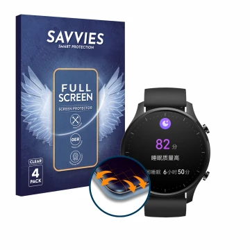 Face avant d’un emballage produit avec le logo de la marque Savvies. À côté, l’appareil Xiaomi Mi Watch Revolve est représenté