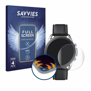 Face avant d’un emballage produit avec le logo de la marque Savvies. À côté, l’appareil Samsung Galaxy Watch 3 (45mm) est repr