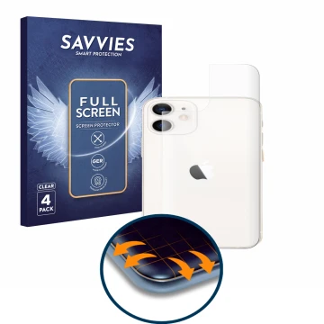 Face avant d’un emballage produit avec le logo de la marque Savvies. À côté, l’appareil Apple iPhone 12 mini (Arrière) est rep