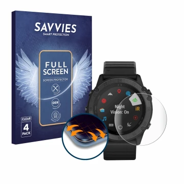 Face avant d’un emballage produit avec le logo de la marque Savvies. À côté, l’appareil Garmin Tactix Delta Solar Ballistic es