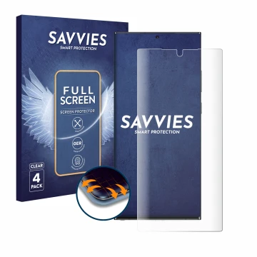 Face avant d’un emballage produit avec le logo de la marque Savvies. À côté, l’appareil Samsung Galaxy Note 20 Ultra 5G est re