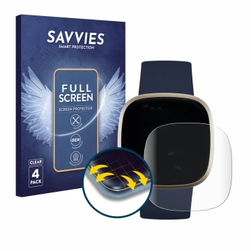 Face avant d’un emballage produit avec le logo de la marque Savvies. À côté, l’appareil Fitbit Versa 3 est représenté avec la 