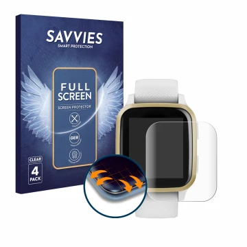 Face avant d’un emballage produit avec le logo de la marque Savvies. À côté, l’appareil Garmin Venu Sq est représenté avec la 
