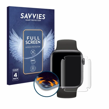 Face avant d’un emballage produit avec le logo de la marque Savvies. À côté, l’appareil Apple Watch SE (44 mm) est représenté 