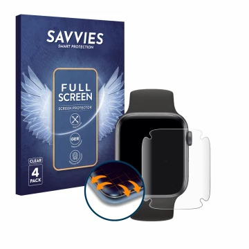 Face avant d’un emballage produit avec le logo de la marque Savvies. À côté, l’appareil Apple Watch SE (40 mm) est représenté 