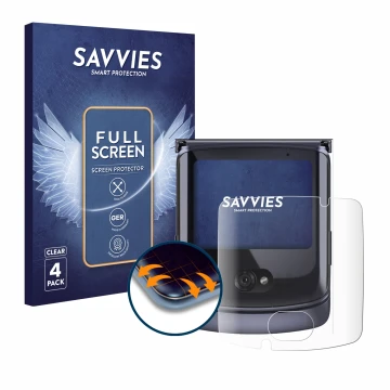 Face avant d’un emballage produit avec le logo de la marque Savvies. À côté, l’appareil Motorola Razr 5G 2020 (Affichage avant