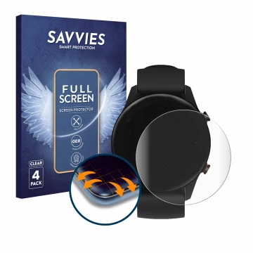 Face avant d’un emballage produit avec le logo de la marque Savvies. À côté, l’appareil Xiaomi Mi Watch 2021 est représenté av